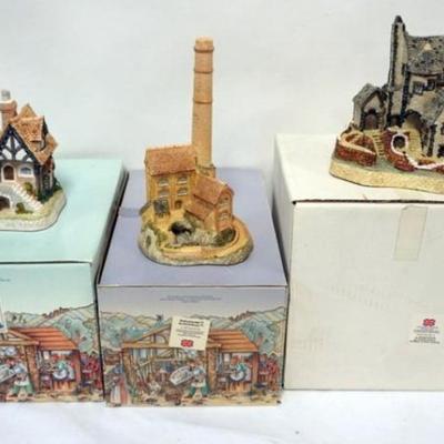 1127	3 DAVID WINTER HAND PAINTED COTTAGES, WILL-O-THE WISP, DERBYSHIRE MILL AND CORNISH HARBOR, TALLEST APPROXIMATELY 9 IN H
