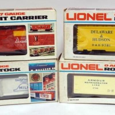 1184	LIONEL TRAIN O GAUGE  4 CARS, 6-5708 ARMOUR REEFER, 6-9464 NORTH CAROLINA & ST LOUIS BOX CAR, 6-9781 DELAWARE AND HUDSON BOX CR...