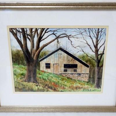 1150	FRAMED WATERCOLOR, JOHN SACALIS, AUTUMN WOODED LANDSCAPE OF BARN, APPROXIMATELY 15 IN X 18 IN OVERALL
