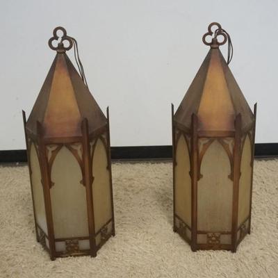 1245	PAIR OF GOTHIC METAL AND FROSTED GLASS HANGING FIXTURES, EACH APPROXIMATELY 12 IN X 38 IN H
