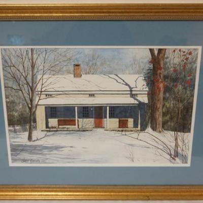 1147	FRAMED WATERCOLOR, JOHN SACALIS, IMAGE OF WINTER SCENE OF COUNTRY HOME, APPROXIMATELY 22 IN X 29 IN OVERALL
