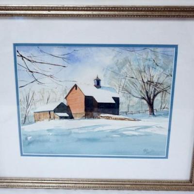 1149	FRAMED WATERCOLOR, JOHN SACALIS, WINTER SCENE OF BARN, APPROXIMATELY 18 IN X 15 IN OVERALL
