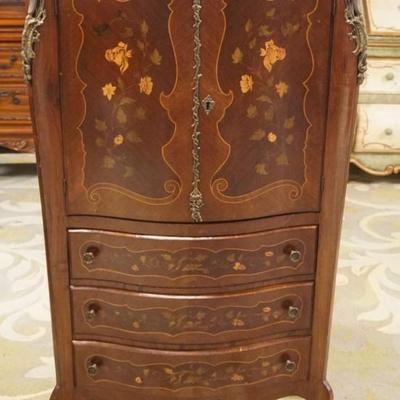 1270	INLAID MARBLE TOP 3 DRAWER, 2 DOOR NARROW CHEST WITH APPLIED METAL MOUNTS, APPROXIMATELY 28 IN X 13 IN X 48 IN H
