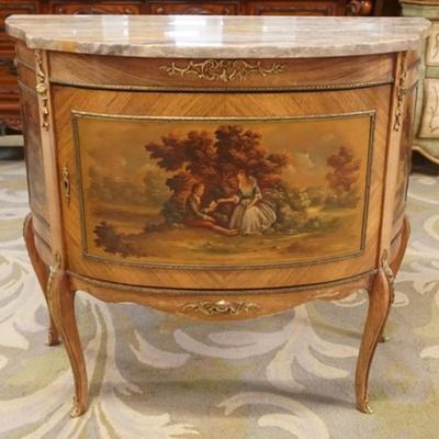 1266	CONTINENTIAL PAINT DECORATED 1 DOOR MARBLE TOP COMMODE WITH APPLIED MOUNTS AND IMAGE OF COURTING SCENE, APPROXIMATELY 36 IN X 17 IN...