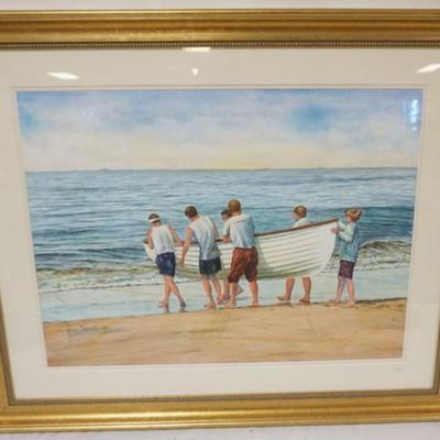 1148	FRAMED WATERCOLOR, JOHN SACALIS, IMAGE OF NEW JERSEY SHORE SCENE, APPROXIMATELY 31 IN X 38 IN OVERALL
