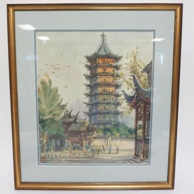1168	FRAMED ASIAN WATERCOLOR, IMAGE OF A PAGODA, CHARACTER SIGNED LOWER LEFT, APPROXIMATELY 20 IN X 22 IN OVERALL
