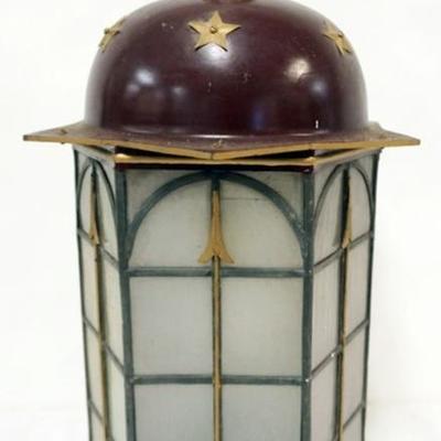 1243	HANGING LIGHT FIXTURE WITH LEADED GLASS, PANELED SIDES, BOTTOM STAR AND ARROW MOTIF, APPROXIMATELY 16 IN X 28 IN H
