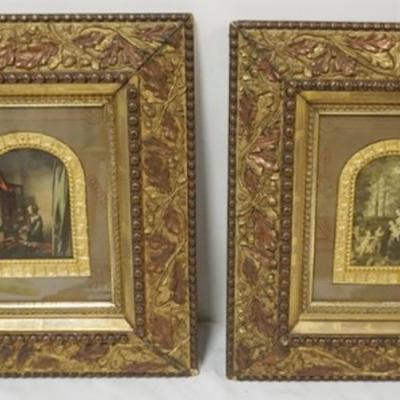 1157	PAIR OF PRINTS IN OAK LEAF FRAMES, EACH APPROXIMATELY 16 IN X 18 IN, SOME LOSS TO FRAMES
