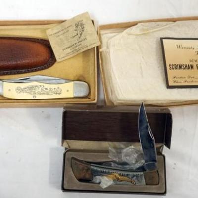 1128	SCHRADE SCRIMSHAW KNIFE AND FOLDING KNIFE WITH EAGLE ON HANDLE, LARGEST APPROXIMATELY 5 1/4 IN CLOSED
