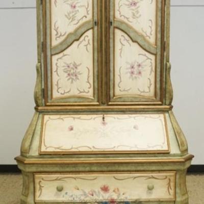 1257	2 PIECE FAUX FLORAL PAINTED BOMBE SECRETARY DESK WITH ADJUSTABLE INTERIOR SHELVES, APPROXIMATELY 42 IN X 18 IN X 85 IN H
