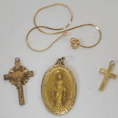 1241	RELIGIOUS JEWLERY INCLUDING GOLD FILLED CROSS, 1/20 12K PENDANT AND 14K CHAIN WITH CROSS 1.11 DWT
