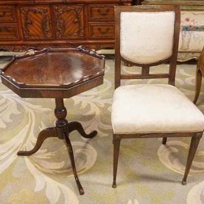 1288	MAHOGANY BEACON HILL LAMP TABLE AND UPHOLSTERED SIDE CHAIR WITH BRONZE MOUNTS, TABLE APPROXIMATELY 21 IN X 21 IN X 27 IN H
