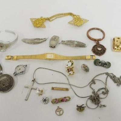 1220	LADIES ASSORTED JEWELRY INCLUDING  BULOVA LADIES WATCH, PR LEAF BARETTES MADE IN FRANCE, CROSSES, MEDALS AND MORE
