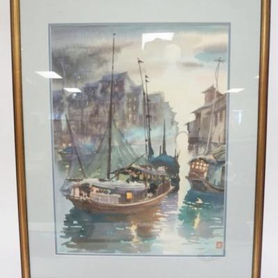 1167	FRAMED AND MATTED ASIAN WATERCOLOR OF A HARBOR SCENE, APPROXIMATELY 24 IN X 29 IN OVERALL
