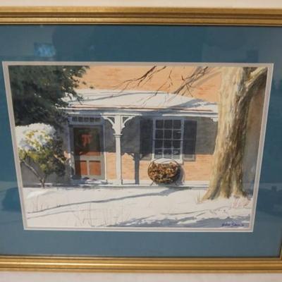 1146	FRAMED WATERCOLOR, JOHN SACALIS, IMAGE OF WINTER SCENE OF BRICK PORCH FRONT, APPROXIMATELY 20 IN X 25 IN OVERALL
