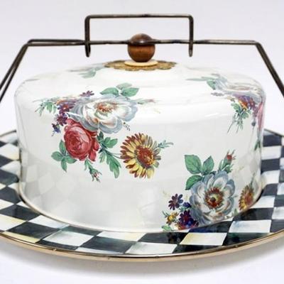 1112	MACKENZIE CHILDS *WHITE FLOWER MARKET* CAKE CARRIER, APPROXIMATELY 16 IN X 7 IN H
