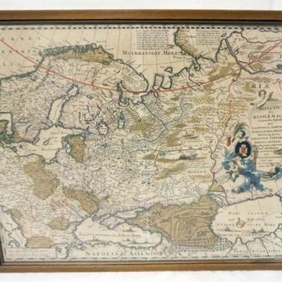 1142	ANTIQUE FRAMED MAP OF MOSCOW, GREATER RUSSIA, NICOLAES VISSCHER, APPROXIMATELY 18 IN X 22 IN OVERALL
