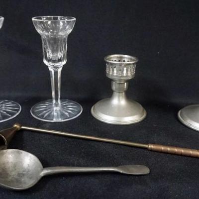 1116	WATERFORD CRYSTAL CANDLESTICKS, EMPIRE PEWTER CANDLESTICKS, SNUFFER AND SPOON, TALLEST APPROXIMATELY 6 IN H
