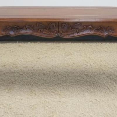 1267	CHERRY 2 DRAWER NARROW FRENCH PROVENCIAL SOFA TABLE, SKIRT CARVED ALL AROUND, APPROXIMATELY 72 IN X 14 IN X 30 IN
