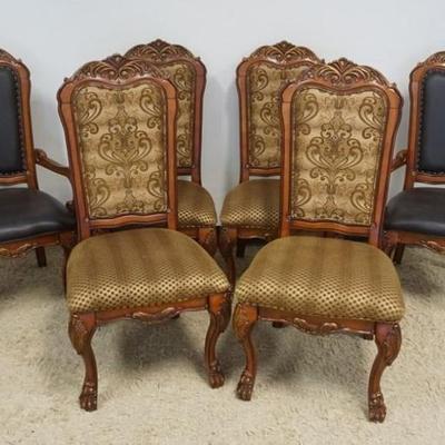 1256	SET OF 6 ORNATE CLAW FOOT DINING CHAIRS WITH UPHOLSTERED SEATS AND BACKS, 2 ARM AND 4 SIDE
