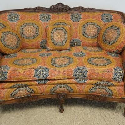 1268	WALNUT CARVED UPHOLSTERED LOVE SEAT, APPROXIMATELY 60 IN X 32 IN X 37 IN H
