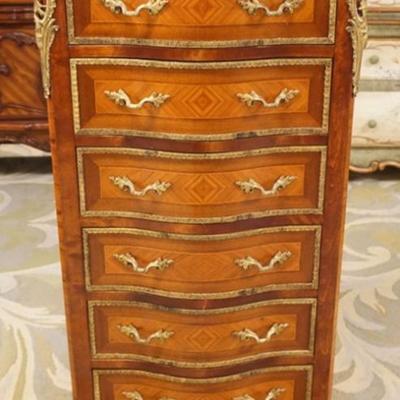 1275	FRENCH MARBLE TOP 6 DRAWER LINGERIE CHEST WITH APPLIED METAL TRIM AND MOUNTS, APPROXIMATELY 25 IN X 15 IN X 49 IN H
