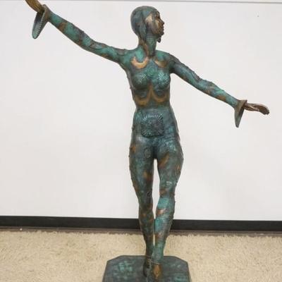 1297	LIFE SIZE BRONZE FIGURE OF WOMAN WITH HEAD DRESS DANCING SIGNED DHCHI PARUIS 1918 C IN CIRCLE A.S.B., STATUE HAS A NICE GREEN...