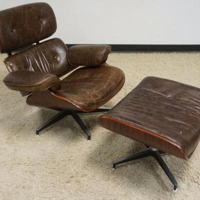 1298	MID CENTURY MODERN EAMES STYLE CHAIR AND OTTOMAN, CHAIR APPROXIMATELY 36 IN X 32 IN X 32 IN H, OTTOMAN APPROXIMATELY 25 IN X 21 IN X...