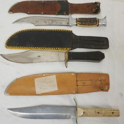 1126	GROUP OF 3 KNIVES WITH SHEATHS, *BOWIE*, *COMPASS GERMAN*, EACH APPROXIMATELY 13 IN
