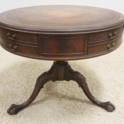 1296	MAHOGANY 1 DRAWER LEATHER TOP DRUM TABLE, CARVED BALL & CLAW FEET, WEAR TO FINISH AND 1 DRAWER PULL MISSING, APPROXIMATELY 36 IN...