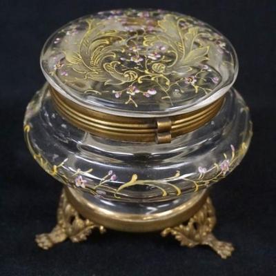 1189	VICTORIAN ENAMEL DECORATED GLASS DRESSER BOX ON BRASS FOOTED BASE, APPROXIMATELY 4 IN X 3 1/2 N H
