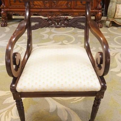 1272	CARVED MAHOGANY EMPIRE STYLE SCROLLED ARM CHAIR, CARVED SWANS ON BACK, APPROXIMATELY 23 IN X 21 IN X 36 IN H
