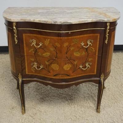1262	FRENCH MARBLE TOP FLORAL INLAID 2 DRAWER COMMODE WITH METAL MOUNTS, SOME VENEER LOSS
