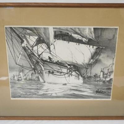 1154	FRAMED AND MATTED JOHN NOBLE SIGNED AND NUMBERED LITHOGRAPH TITLED *THE GAUDALHORCE LEAVES BAYONNE FOREVER* BAYONNE CENTENIAL...