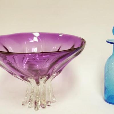 1120	ART GLASS AMETHYST TO CLEAR COMPOTE, ED BRANSON BLOWN GLASS AND BLUE CRACKEL DECANTOR, LARGEST APPROXIMATELY 13 IN X 9 IN H
