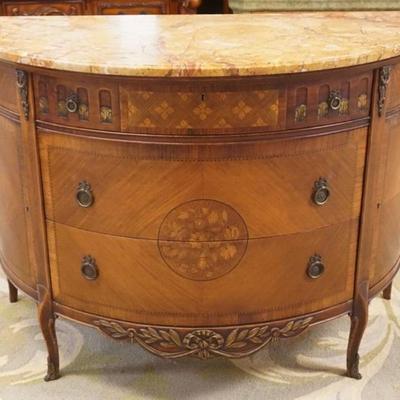 1260	BERMAN FURNITURE FRENCH STYLE MARBLE TOP DEMILUNE CHEST WITH INLAID FLORAL DESIGN AND METAL MOUNTS, 3 DRAWER AND 2 DOORS,...