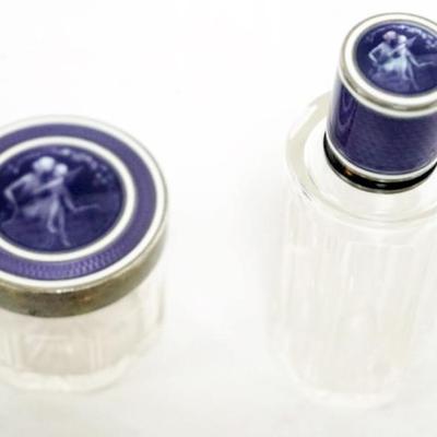 1180	FRENCH ENAMLED TOP GLASS PERFUME WITH STERLING SILVER COLLAR AND STERLING ENAMELED JAR, BOTH HAVING IMAGES OF WOMAN AND FAIRY,...