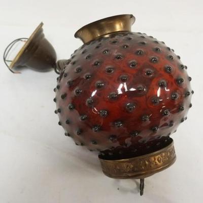 1133	VICTORIAN HANGING LAMP FIXTURE, RUBY RED HOBNAIL GLASS SHADE, NO BURNER

