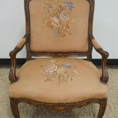 1263	VINTAGE UPHOLSTERED ARM CHAIR IN CARVED FRAME, APPROXIMATELY 28 IN X 22 IN X 70 IN H
