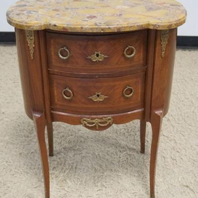 1261	FRENCH MARBLE TOP 2 DRAWER STAND WITH APPLIED METAL MOUNTS AND BANDED INLAY TRIM, APPROXIMATELY 24 IN X 16 IN X 31 IN H
