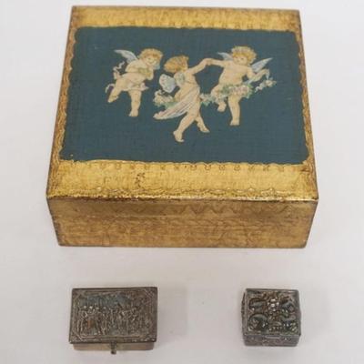 1237	1 GILT WOOD ITLAY CHERUB DRESSER BOX, 2 STERLING SILVER DRESSER BOX 1.21 OZT, WITH 1 SILVER BOX MARKED AMANDO POGGI
