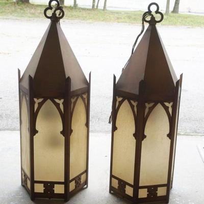1247	PAIR OF GOTHIC METAL AND FROSTED GLASS HANGING FIXTURES, EACH APPROXIMATELY 12 IN X 38 IN H, 1 WITH CRACKED PANEL

