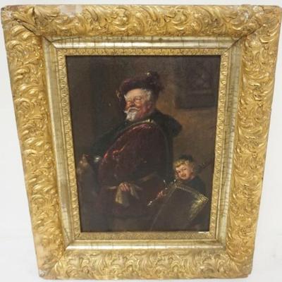 1156	FRAMED PAINTING ON BOARD, PORTRAIT OF MAN AND YOUNG BOY CARRYING SHEILD AND SWORD, APPROXIMATELTY 12 IN X 16 IN OVERALL, LOSS TO FRAME
