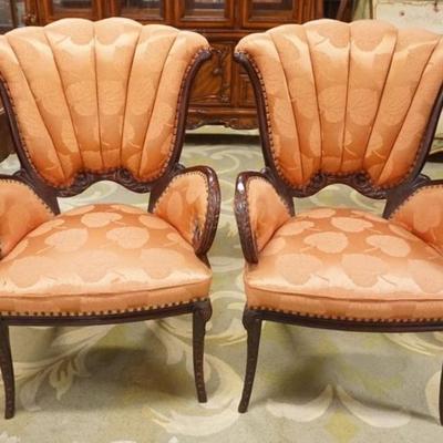 1290	PAIR OF UPHOLSTERED FAN BACK CURVED ARM CHAIRS, EACH APPROXIMATELY 30 IN X 23 IN X 42 IN H
