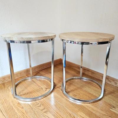 Lot #133 - Modern Side Tables - Pair of Round Wooden Top with Chrome Base.