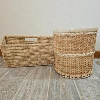 Lot #224 - Handwoven Wicker Rattan Magazine Basket and Waste Bin