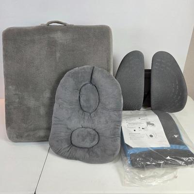 Lot #197 - Brookstone 4 in 1 Bed Wedge Pillow, Miyashi Massaging Pillow, Car Lumbar Cushion & a Plush Back Cushion