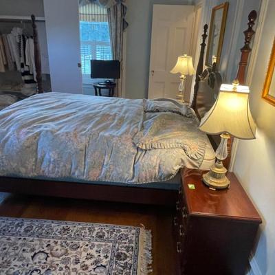 Queen size four poster bed. mattress and bedding