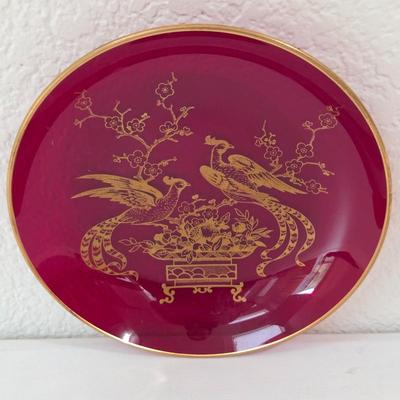 Lot #139 - Corcoran Danish Red Glass Plate with Gold Trim and Asian Birds
