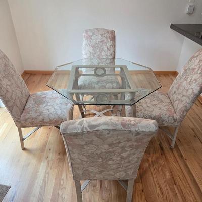Lot #128 - Octagonal Glass & Iron Dining Table With 4 Chairs - Made in Mexico